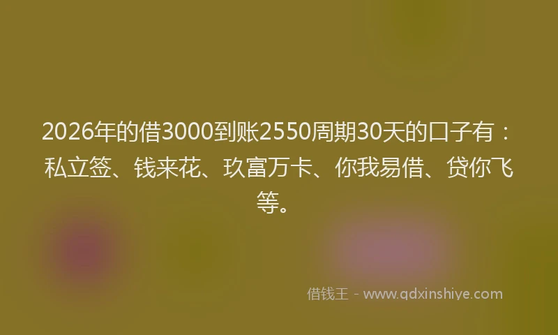2026年的借3000到账2550周期30天的口子有：私立签、钱来花、玖富万卡、你我易借、贷你飞等。