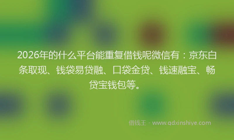 2026年的什么平台能重复借钱呢微信有:京东白条取现、钱袋易贷融、口袋金贷、钱速融宝、畅贷宝钱包等。
