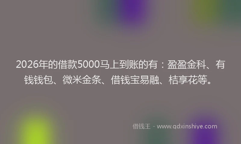 2026年的借款5000马上到账的有：盈盈金科、有钱钱包、微米金条、借钱宝易融、桔享花等。