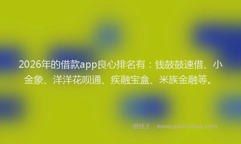 2026年的借款app良心排名有：钱鼓鼓速借、小金象、洋洋花呗通、疾融宝盒、米族金融等。
