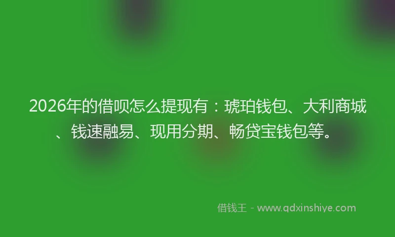 2026年的借呗怎么提现有：琥珀钱包、大利商城、钱速融易、现用分期、畅贷宝钱包等。