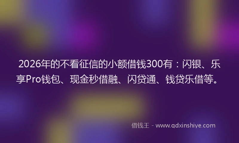 2026年的不看征信的小额借钱300有：闪银、乐享Pro钱包、现金秒借融、闪贷通、钱贷乐借等。
