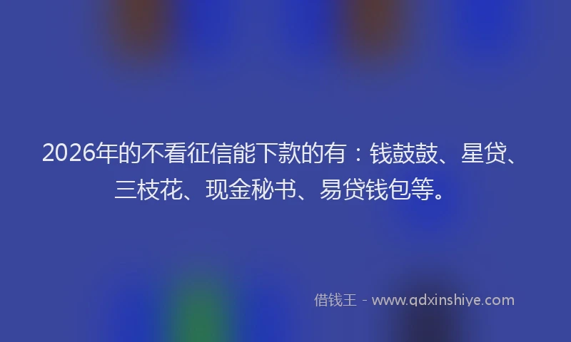 2026年的不看征信能下款的有：钱鼓鼓、星贷、三枝花、现金秘书、易贷钱包等。