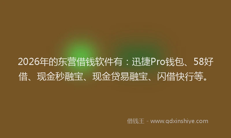 2026年的东营借钱软件有：迅捷Pro钱包、58好借、现金秒融宝、现金贷易融宝、闪借快行等。