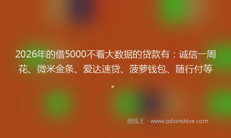 2026年的借5000不看大数据的贷款有：诚信一周花、微米金条、爱达速贷、菠萝钱包、随行付等。