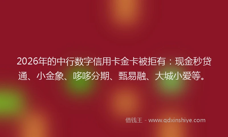 2026年的中行数字信用卡金卡被拒有：现金秒贷通、小金象、哆哆分期、甄易融、大城小爱等。