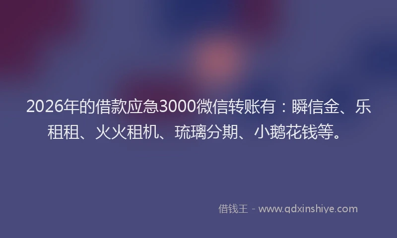 2026年的借款应急3000微信转账有:瞬信金、乐租租、火火租机、琉璃分期、小鹅花钱等。