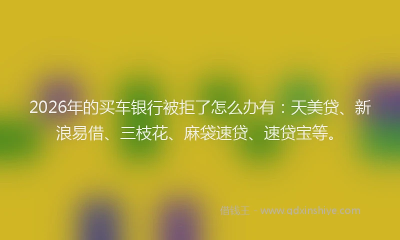 2026年的买车银行被拒了怎么办有:天美贷、新浪易借、三枝花、麻袋速贷、速贷宝等。
