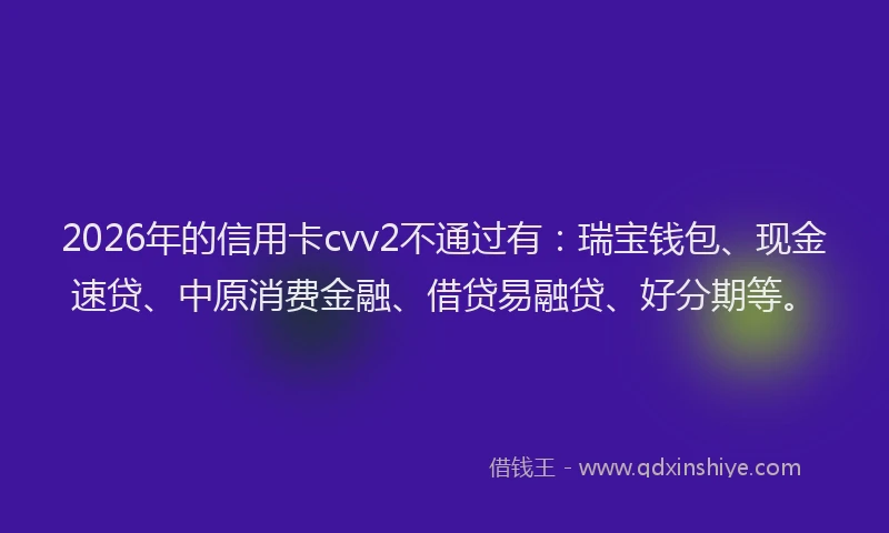 2026年的信用卡cvv2不通过有：瑞宝钱包、现金速贷、中原消费金融、借贷易融贷、好分期等。