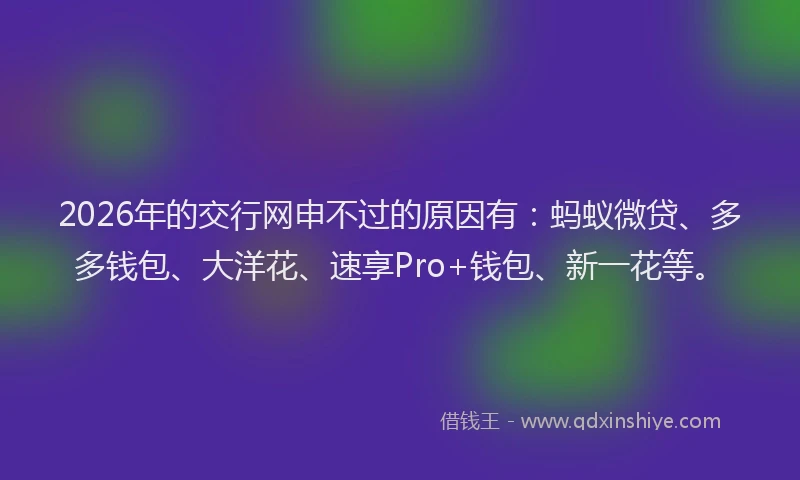 2026年的交行网申不过的原因有：蚂蚁微贷、多多钱包、大洋花、速享Pro+钱包、新一花等。