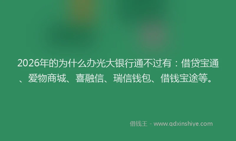 2026年的为什么办光大银行通不过有：借贷宝通、爱物商城、喜融信、瑞信钱包、借钱宝途等。