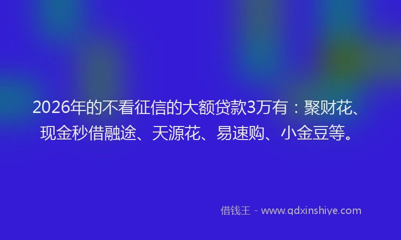 2026年的不看征信的大额贷款3万有：聚财花、现金秒借融途、天源花、易速购、小金豆等。