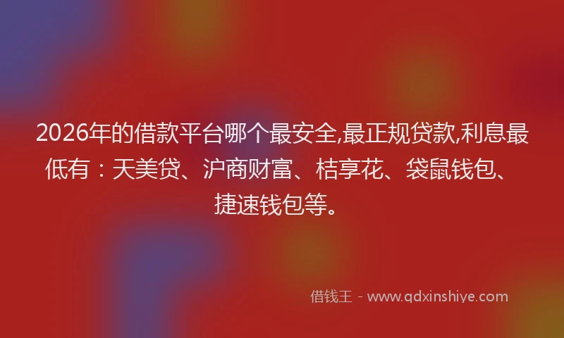 2026年的借款平台哪个最安全,最正规贷款,利息最低有：天美贷、沪商财富、桔享花、袋鼠钱包、捷速钱包等。
