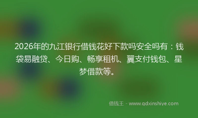 2026年的九江银行借钱花好下款吗安全吗有：钱袋易融贷、今日购、畅享租机、翼支付钱包、星梦借款等。