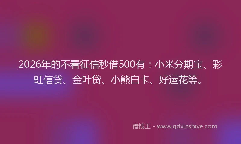 2026年的不看征信秒借500有：小米分期宝、彩虹信贷、金叶贷、小熊白卡、好运花等。