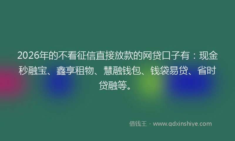 2026年的不看征信直接放款的网贷口子有：现金秒融宝、鑫享租物、慧融钱包、钱袋易贷、省时贷融等。