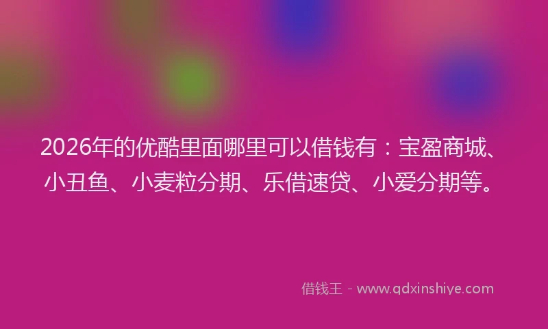 2026年的优酷里面哪里可以借钱有：宝盈商城、小丑鱼、小麦粒分期、乐借速贷、小爱分期等。