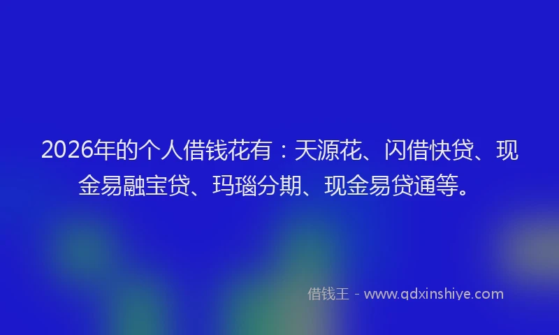 2026年的个人借钱花有：天源花、闪借快贷、现金易融宝贷、玛瑙分期、现金易贷通等。