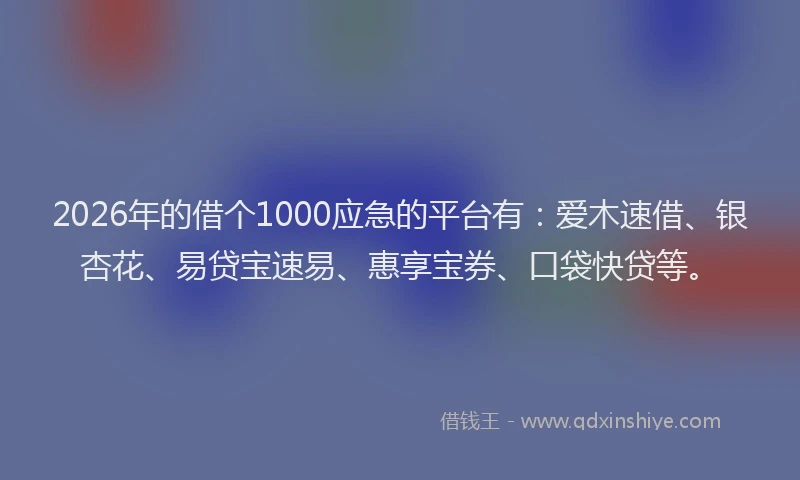 2026年的借个1000应急的平台有：爱木速借、银杏花、易贷宝速易、惠享宝券、口袋快贷等。