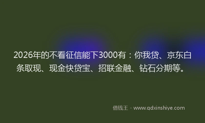 2026年的不看征信能下3000有:你我贷、京东白条取现、现金快贷宝、招联金融、钻石分期等。