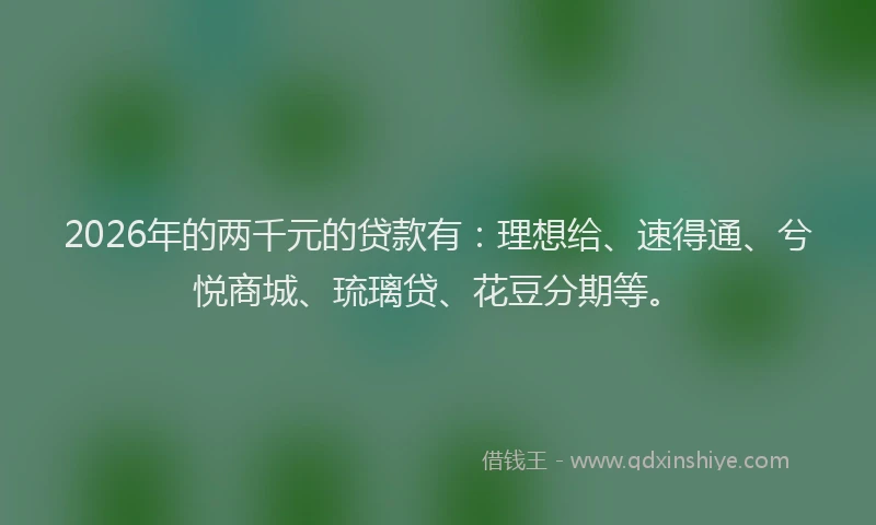 2026年的两千元的贷款有：理想给、速得通、兮悦商城、琉璃贷、花豆分期等。