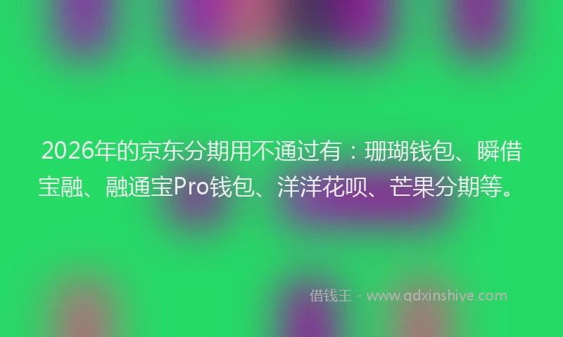 2026年的京东分期用不通过有:珊瑚钱包、瞬借宝融、融通宝Pro钱包、洋洋花呗、芒果分期等。