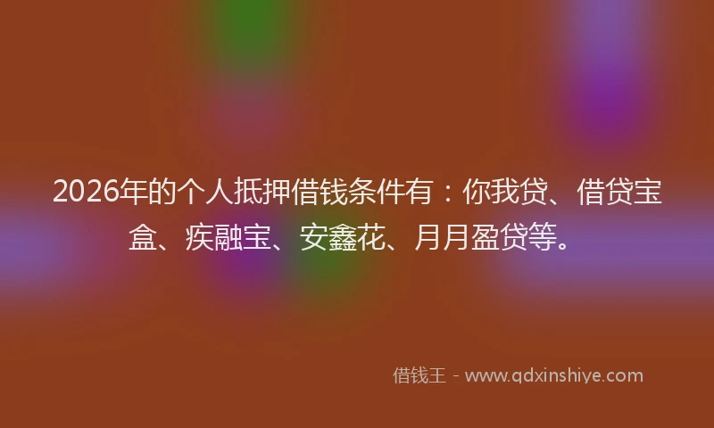 2026年的个人抵押借钱条件有：你我贷、借贷宝盒、疾融宝、安鑫花、月月盈贷等。