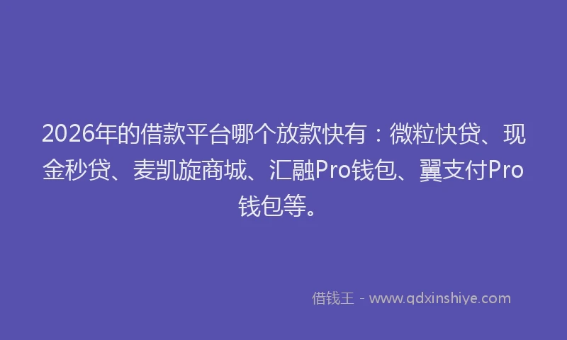 2026年的借款平台哪个放款快有：微粒快贷、现金秒贷、麦凯旋商城、汇融Pro钱包、翼支付Pro钱包等。