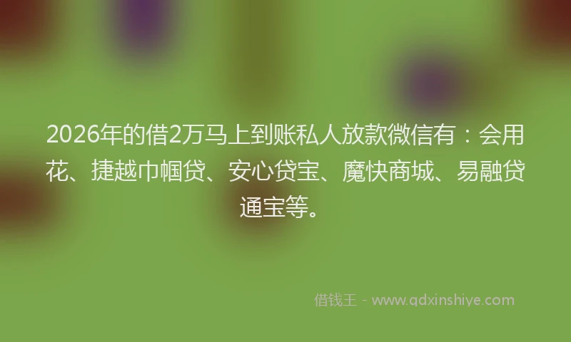 2026年的借2万马上到账私人放款微信有：会用花、捷越巾帼贷、安心贷宝、魔快商城、易融贷通宝等。