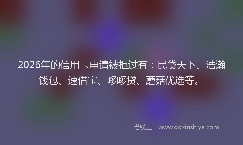 2026年的信用卡申请被拒过有：民贷天下、浩瀚钱包、速借宝、哆哆贷、蘑菇优选等。
