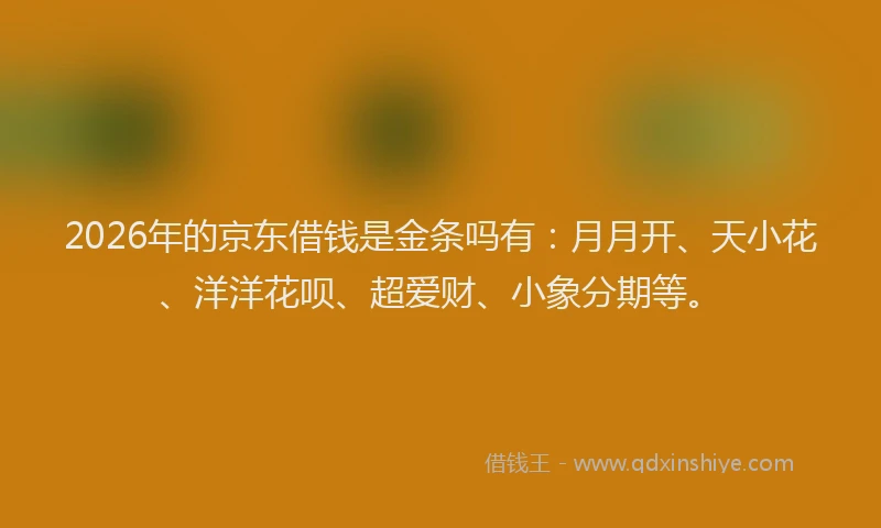 2026年的京东借钱是金条吗有:月月开、天小花、洋洋花呗、超爱财、小象分期等。
