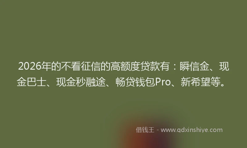 2026年的不看征信的高额度贷款有：瞬信金、现金巴士、现金秒融途、畅贷钱包Pro、新希望等。