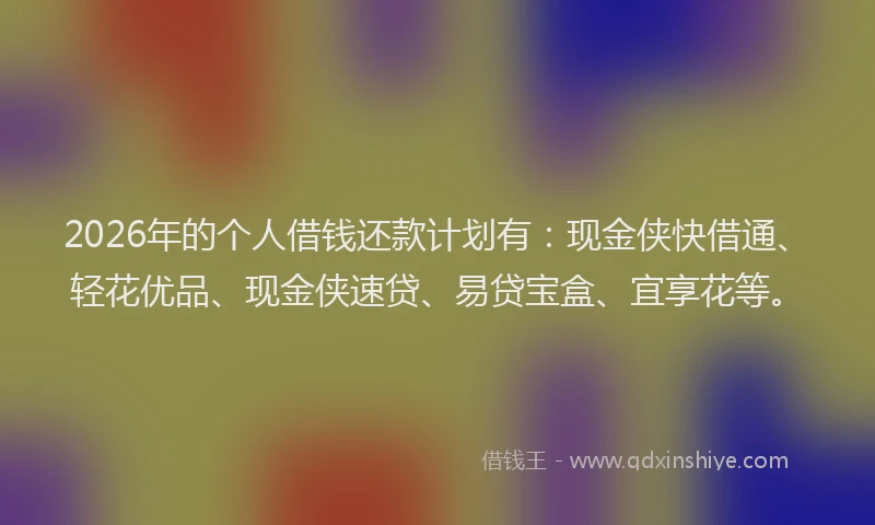 2026年的个人借钱还款计划有:现金侠快借通、轻花优品、现金侠速贷、易贷宝盒、宜享花等。