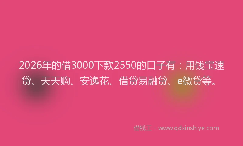 2026年的借3000下款2550的口子有：用钱宝速贷、天天购、安逸花、借贷易融贷、e微贷等。