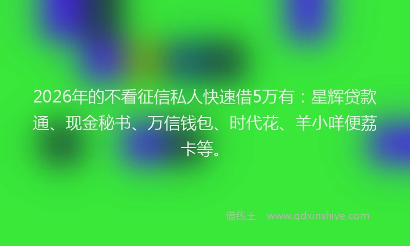 2026年的不看征信私人快速借5万有：星辉贷款通、现金秘书、万信钱包、时代花、羊小咩便荔卡等。
