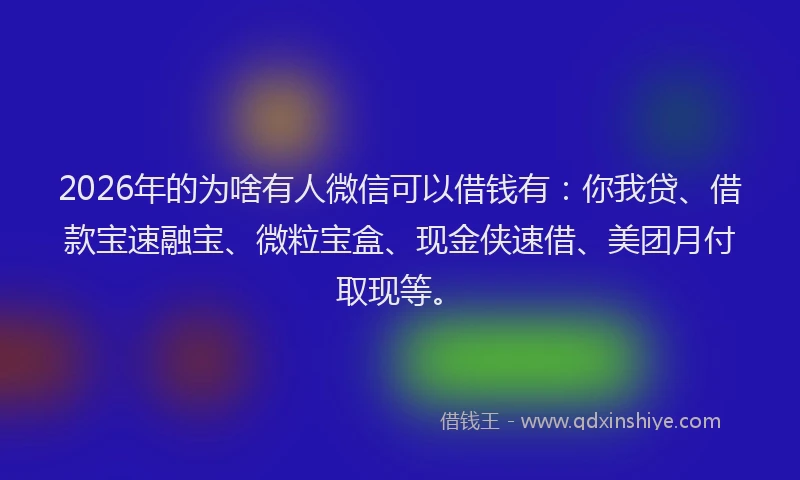 2026年的为啥有人微信可以借钱有：你我贷、借款宝速融宝、微粒宝盒、现金侠速借、美团月付取现等。