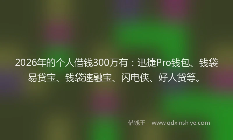 2026年的个人借钱300万有:迅捷Pro钱包、钱袋易贷宝、钱袋速融宝、闪电侠、好人贷等。