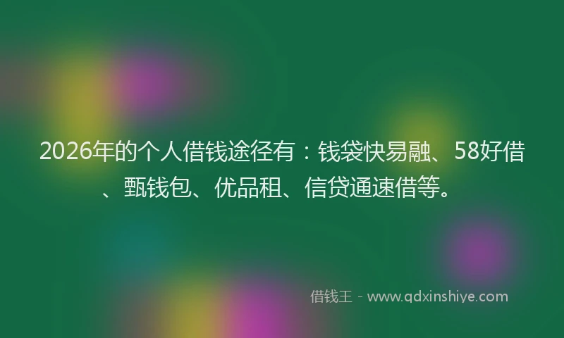 2026年的个人借钱途径有:钱袋快易融、58好借、甄钱包、优品租、信贷通速借等。