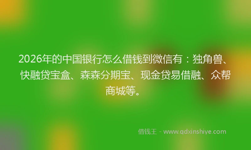 2026年的中国银行怎么借钱到微信有:独角兽、快融贷宝盒、森森分期宝、现金贷易借融、众帮商城等。