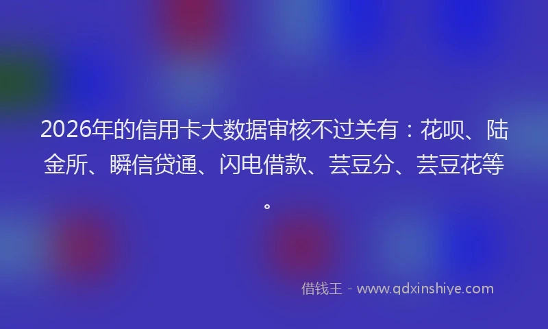 2026年的信用卡大数据审核不过关有：花呗、陆金所、瞬信贷通、闪电借款、芸豆分、芸豆花等。
