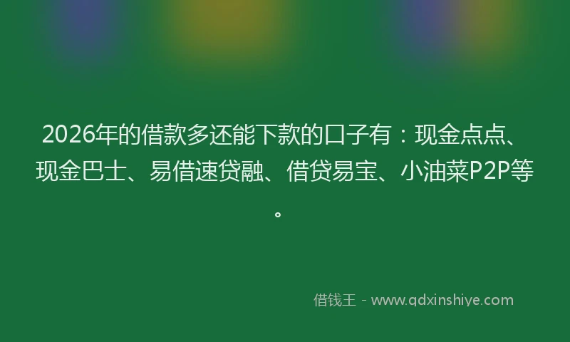 2026年的借款多还能下款的口子有：现金点点、现金巴士、易借速贷融、借贷易宝、小油菜P2P等。