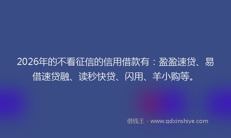 2026年的不看征信的信用借款有：盈盈速贷、易借速贷融、读秒快贷、闪用、羊小购等。