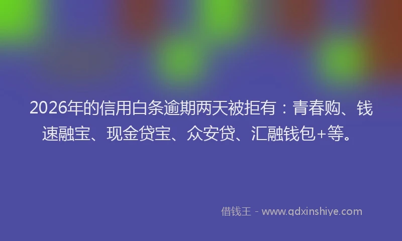 2026年的信用白条逾期两天被拒有：青春购、钱速融宝、现金贷宝、众安贷、汇融钱包+等。