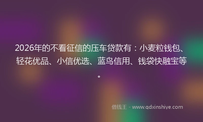 2026年的不看征信的压车贷款有：小麦粒钱包、轻花优品、小信优选、蓝鸟信用、钱袋快融宝等。