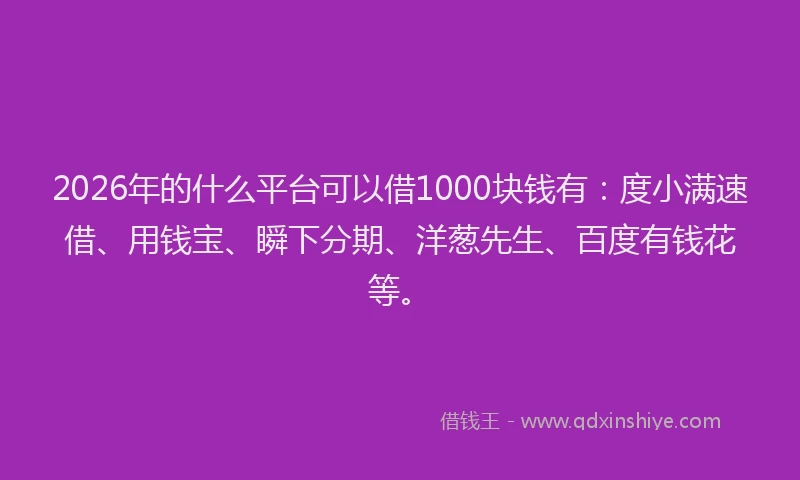2026年的什么平台可以借1000块钱有：度小满速借、用钱宝、瞬下分期、洋葱先生、百度有钱花等。