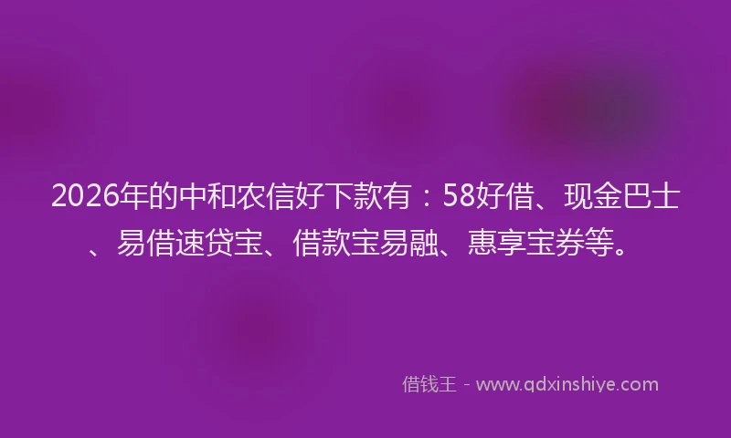 2026年的中和农信好下款有:58好借、现金巴士、易借速贷宝、借款宝易融、惠享宝券等。