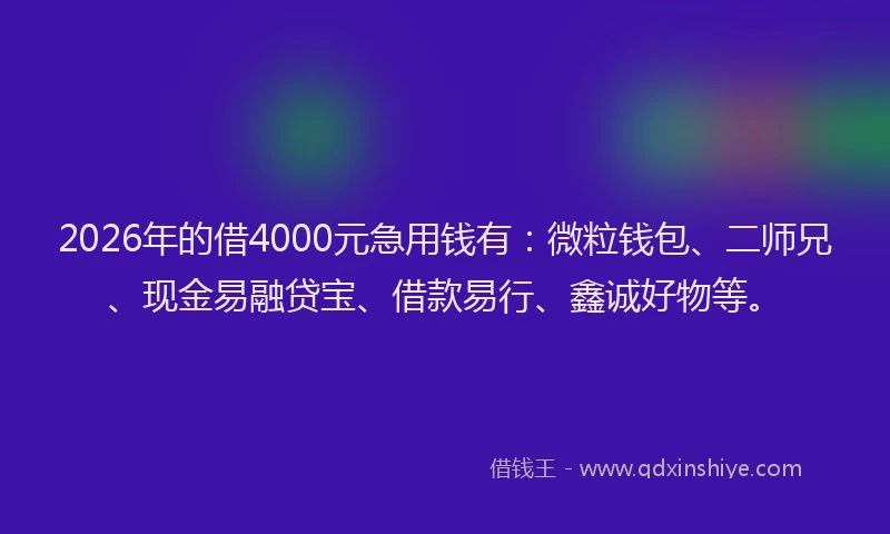 2026年的借4000元急用钱有：微粒钱包、二师兄、现金易融贷宝、借款易行、鑫诚好物等。