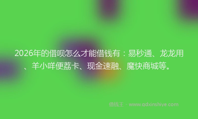 2026年的借呗怎么才能借钱有：易秒通、龙龙用、羊小咩便荔卡、现金速融、魔快商城等。