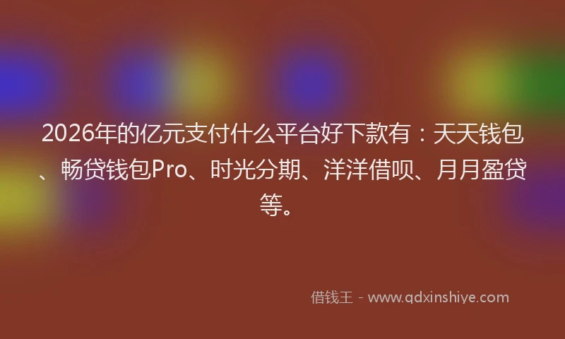 2026年的亿元支付什么平台好下款有：天天钱包、畅贷钱包Pro、时光分期、洋洋借呗、月月盈贷等。