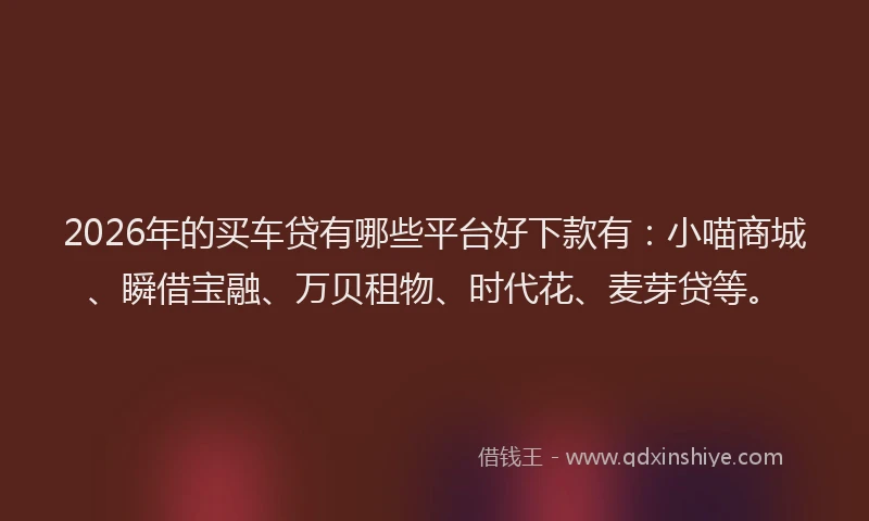 2026年的买车贷有哪些平台好下款有:小喵商城、瞬借宝融、万贝租物、时代花、麦芽贷等。